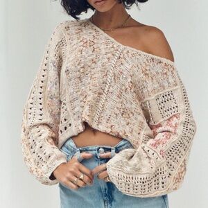 Free People V-Neck Cropped Linen Blend RainSong Off-Shoulder Cropped Sweater NWT